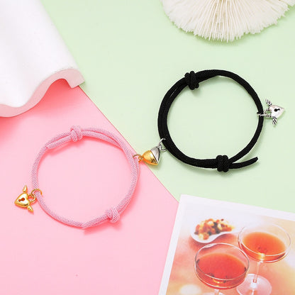 2pcs Elastic Rope Paired Bracelet Magnetic Couple Charms Pendant Bracelet Friendship Fashion Jewelry Accessories Valentine&#39;s Day