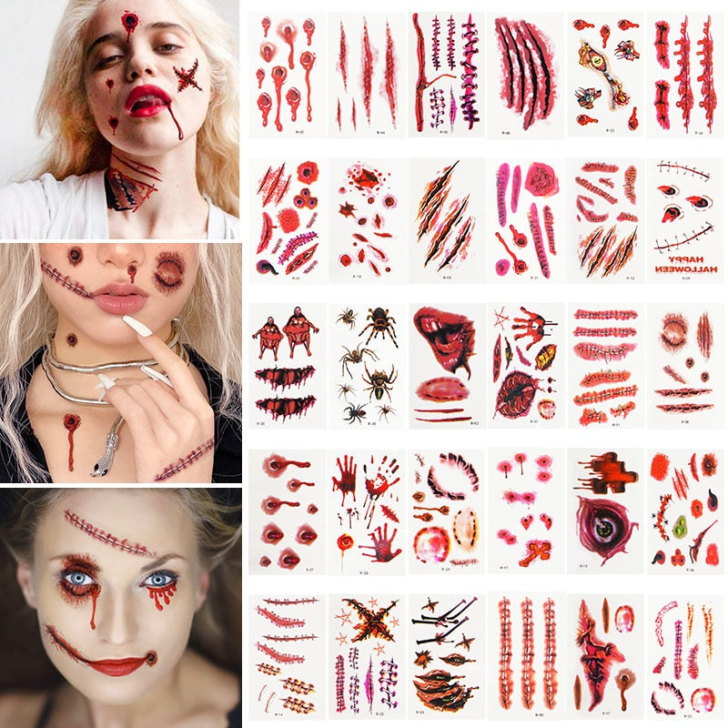 30 Sheets Halloween Scar Tattoo Stickers Scary Bloody Waterproof Temporary Fake Tattoo Halloween Party Decoration Horror Props - MARC SHERL