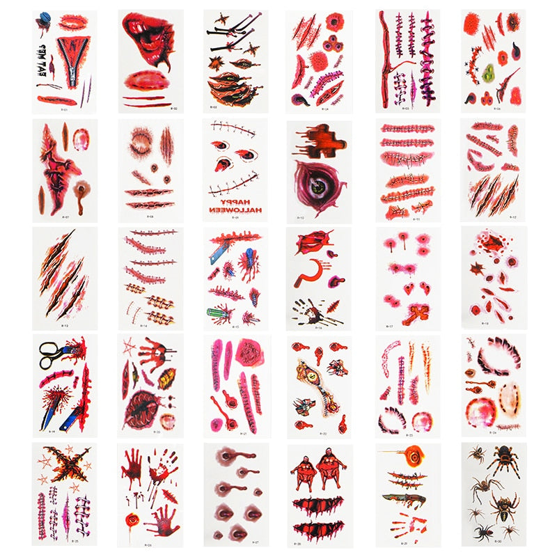 30 Sheets Halloween Scar Tattoo Stickers Scary Bloody Waterproof Temporary Fake Tattoo Halloween Party Decoration Horror Props - MARC SHERL