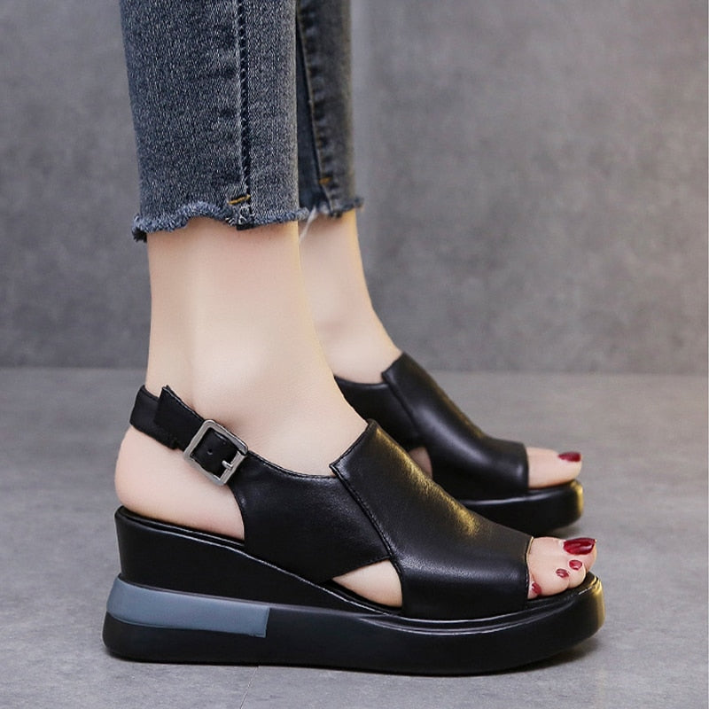 2022 Summer Women Sandals Fashion Trend Buckle Casual High Heels Ladies Solid Color Open Toe Comfortable Wedge Sandals Mujer - MARC SHERL