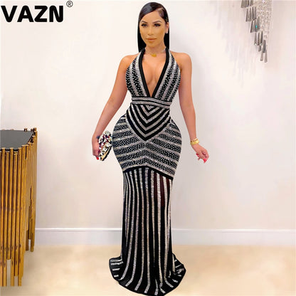 VAZN New 2020 Formal Shinny Bandage Dress Sleeveless Halter Sheath Dresses Bling Bling Sequins Glitter Maxi Dress - MARC SHERL