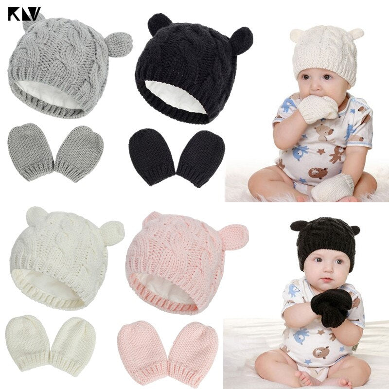 Winter Cotton Baby Hat and Mittens Set Kids Knitted Cotton Beanie Cap Warm Boys Girls Double Pompom Hats Gloves Infant Bonnet - MARC SHERL