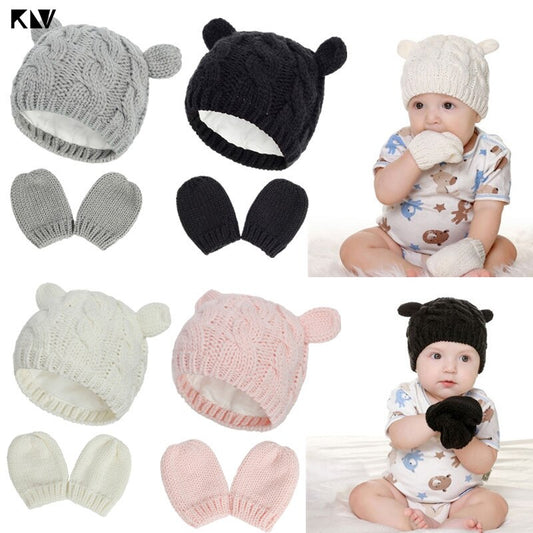 Winter Cotton Baby Hat and Mittens Set Kids Knitted Cotton Beanie Cap Warm Boys Girls Double Pompom Hats Gloves Infant Bonnet - MARC SHERL