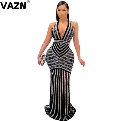 VAZN New 2020 Formal Shinny Bandage Dress Sleeveless Halter Sheath Dresses Bling Bling Sequins Glitter Maxi Dress - MARC SHERL