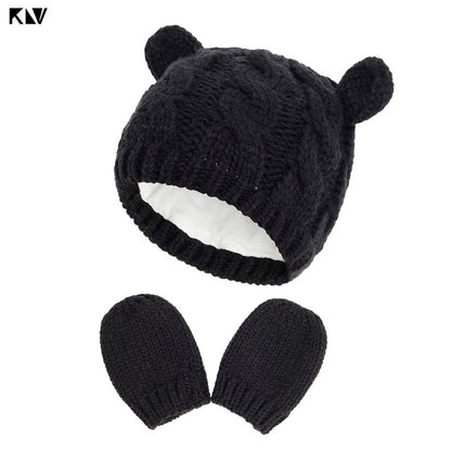 Winter Cotton Baby Hat and Mittens Set Kids Knitted Cotton Beanie Cap Warm Boys Girls Double Pompom Hats Gloves Infant Bonnet - MARC SHERL