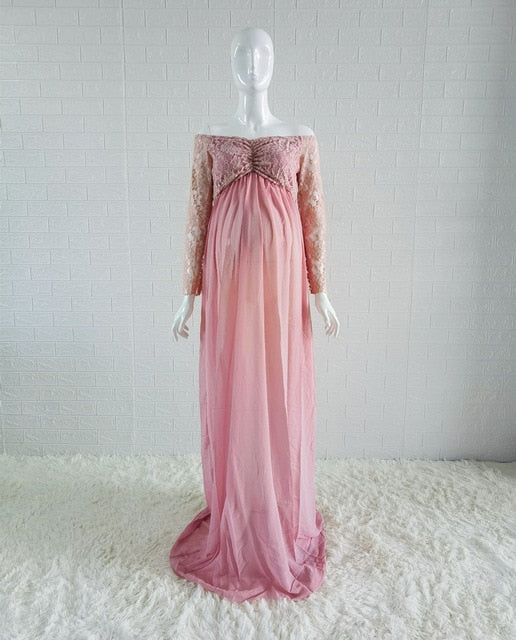 Dusty Pink Long Chiffon Maternity Photography Dress Sweet Heart Maternity Lace Dresses For Photo Shoot Slit Open Pregnancy Dress - MARC SHERL