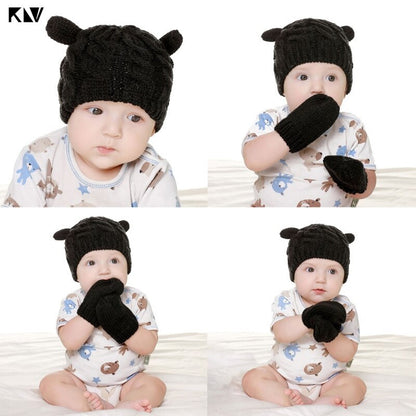 Winter Cotton Baby Hat and Mittens Set Kids Knitted Cotton Beanie Cap Warm Boys Girls Double Pompom Hats Gloves Infant Bonnet - MARC SHERL