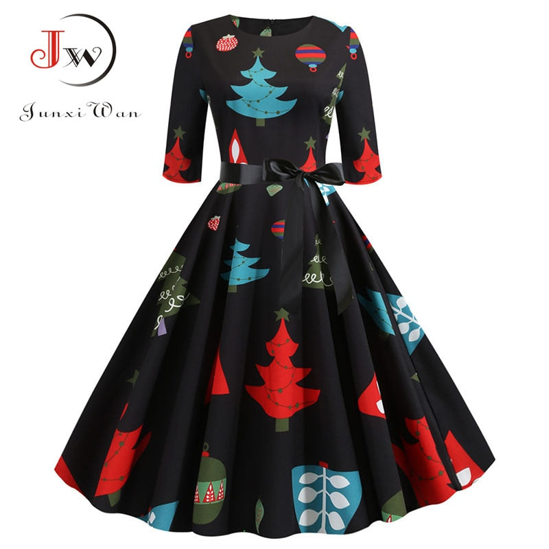 Elegant A-line Christmas Dress Women Autumn Winter Vintage Casual Half Sleeve Slim Midi Party Dresses Robe Femme Vestidos - MARC SHERL