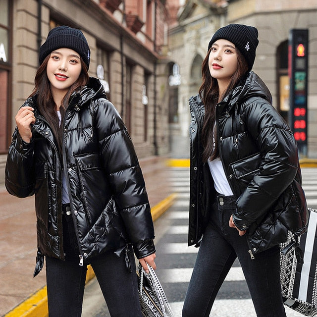 Winter women short parkas jackets casual female thicken warm hooded jackets coat windprood shiny big pocket jackets - MARC SHERL