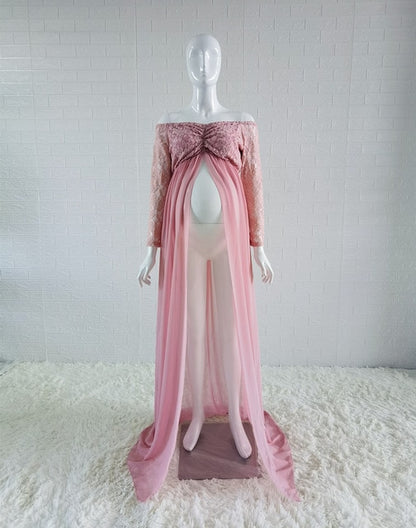 Dusty Pink Long Chiffon Maternity Photography Dress Sweet Heart Maternity Lace Dresses For Photo Shoot Slit Open Pregnancy Dress - MARC SHERL