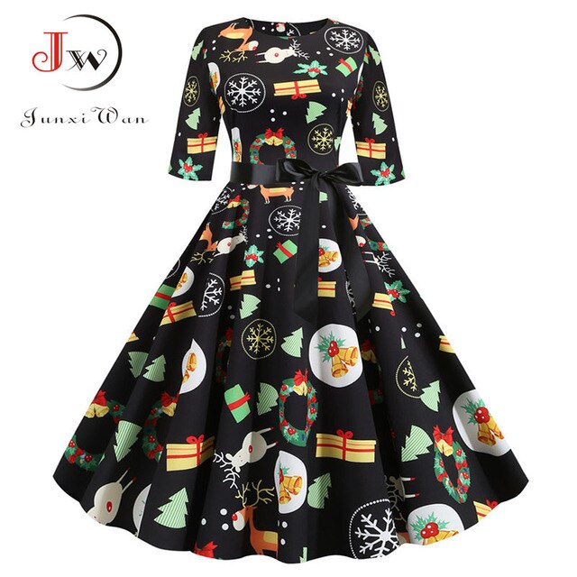 Elegant A-line Christmas Dress Women Autumn Winter Vintage Casual Half Sleeve Slim Midi Party Dresses Robe Femme Vestidos - MARC SHERL