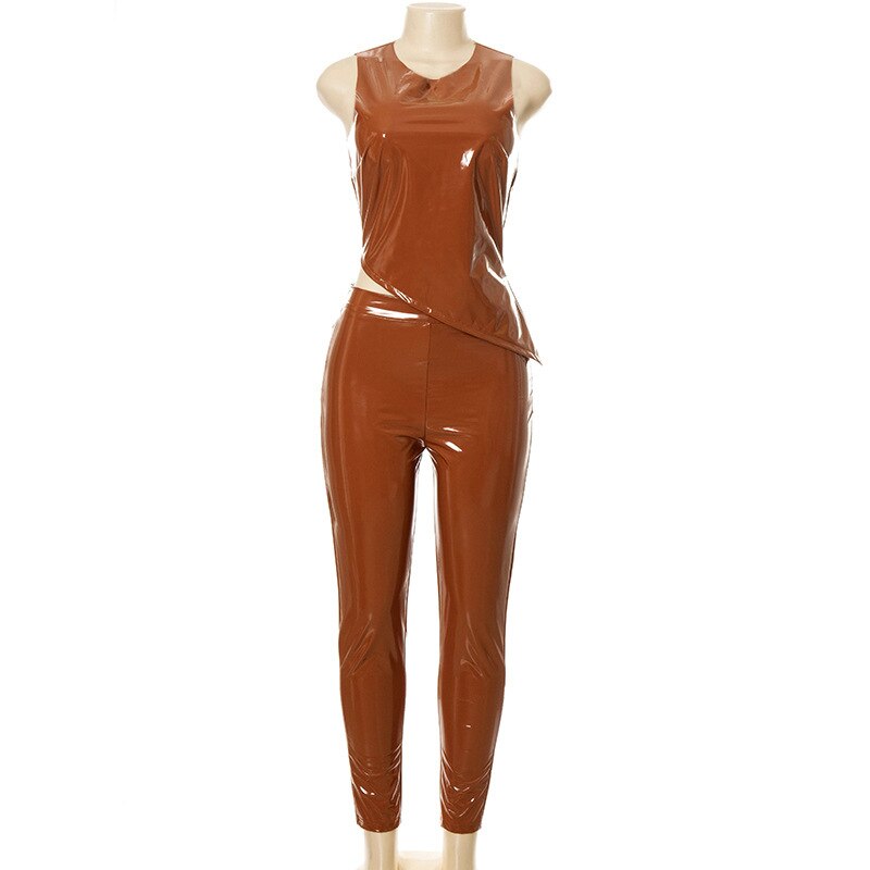 Skinny PU Leather Club Outfits Sexy Women Two Pieces Party Matching Set Side - MARC SHERL