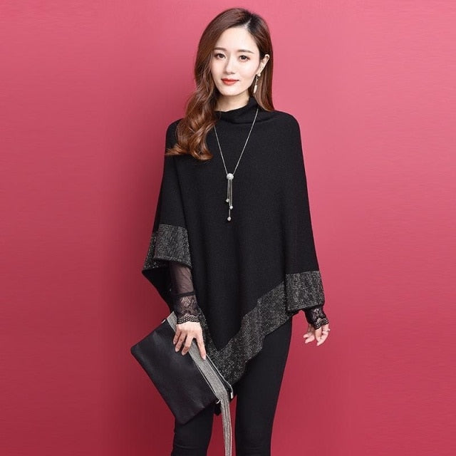 Bat Sleeve Black Sweater Shawl Women Poncho - MARC SHERL